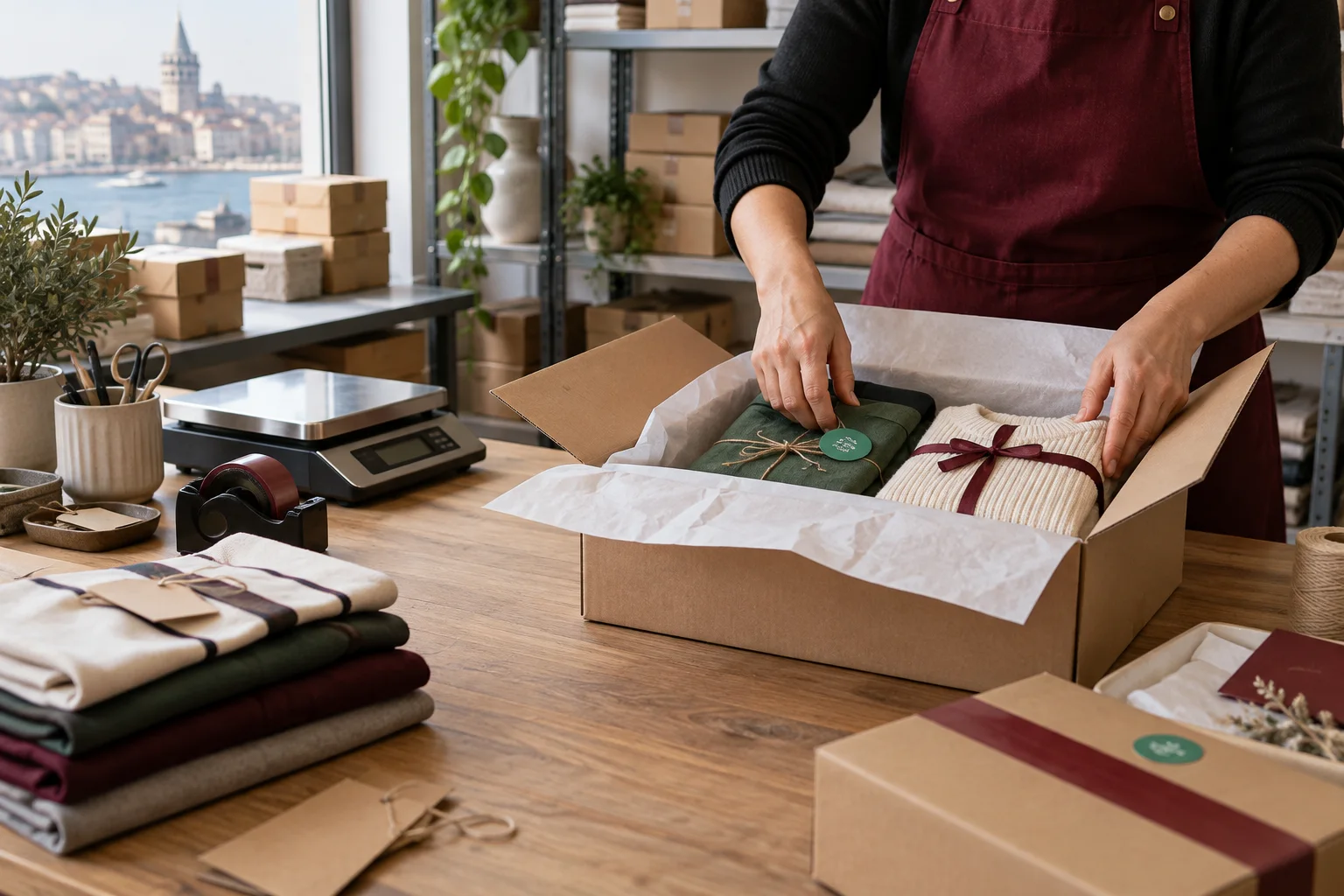 Knitwear folded and packed into a single box for shipping