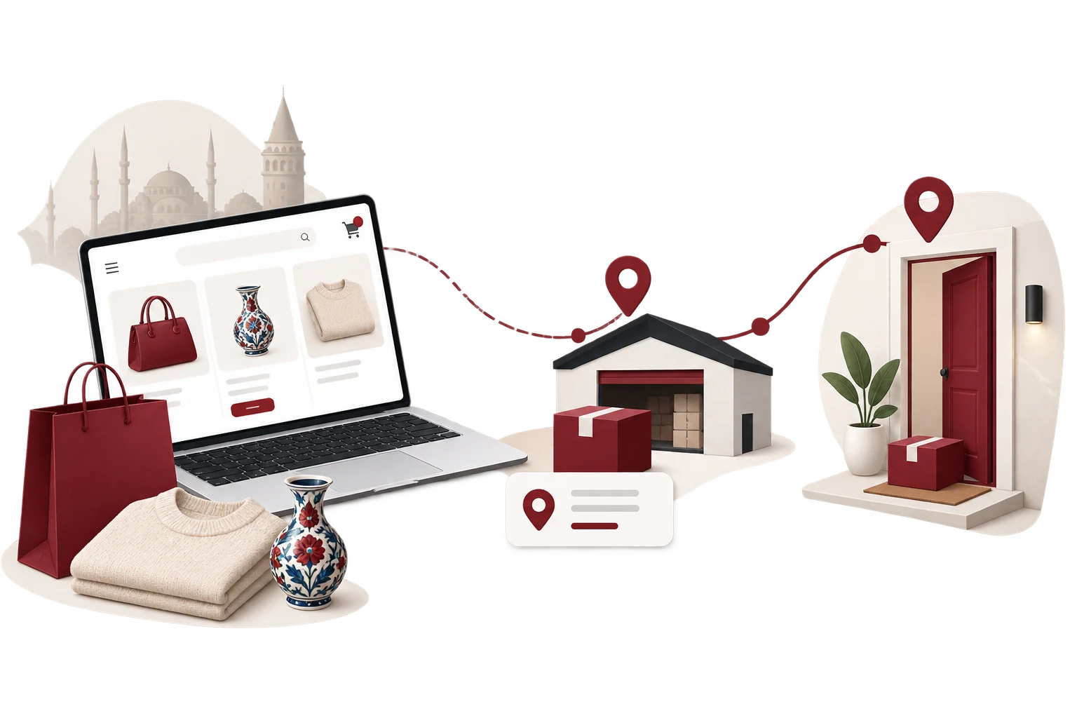 A Turkish online store, the ParSend warehouse and a delivered parcel at a front door